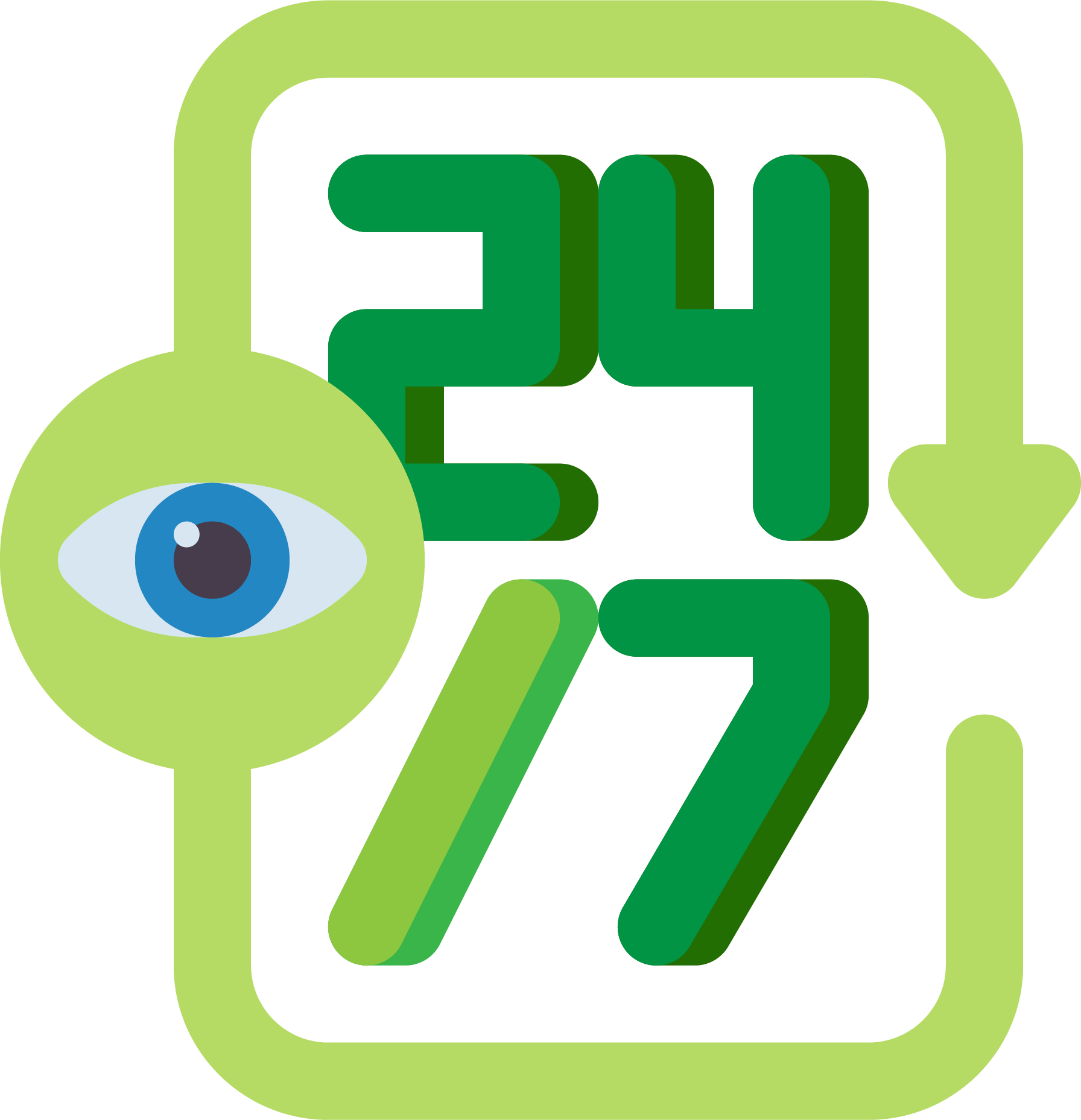 A green icon with a blue eye and the number 77