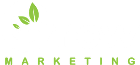 A logo for a company called marketing with green leaves on a white background.