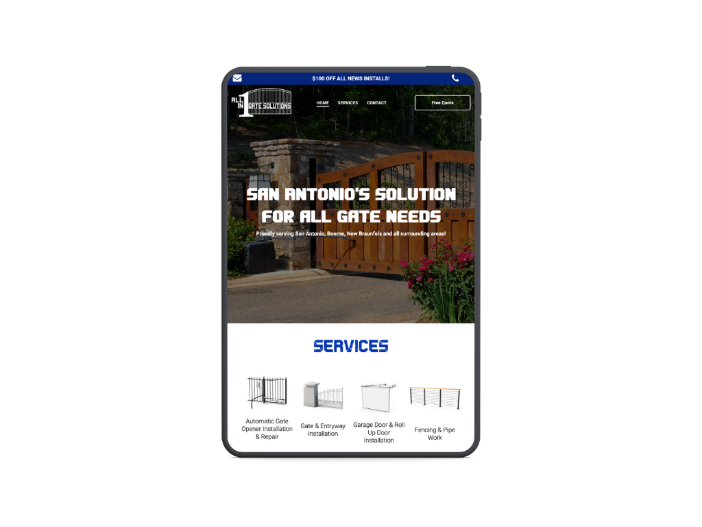 A cell phone displaying a website for san antonio 's solution for all gate needs.
