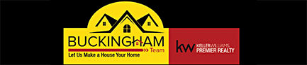 Buckingham Realty logo with yellow house icon and red banner on black background
