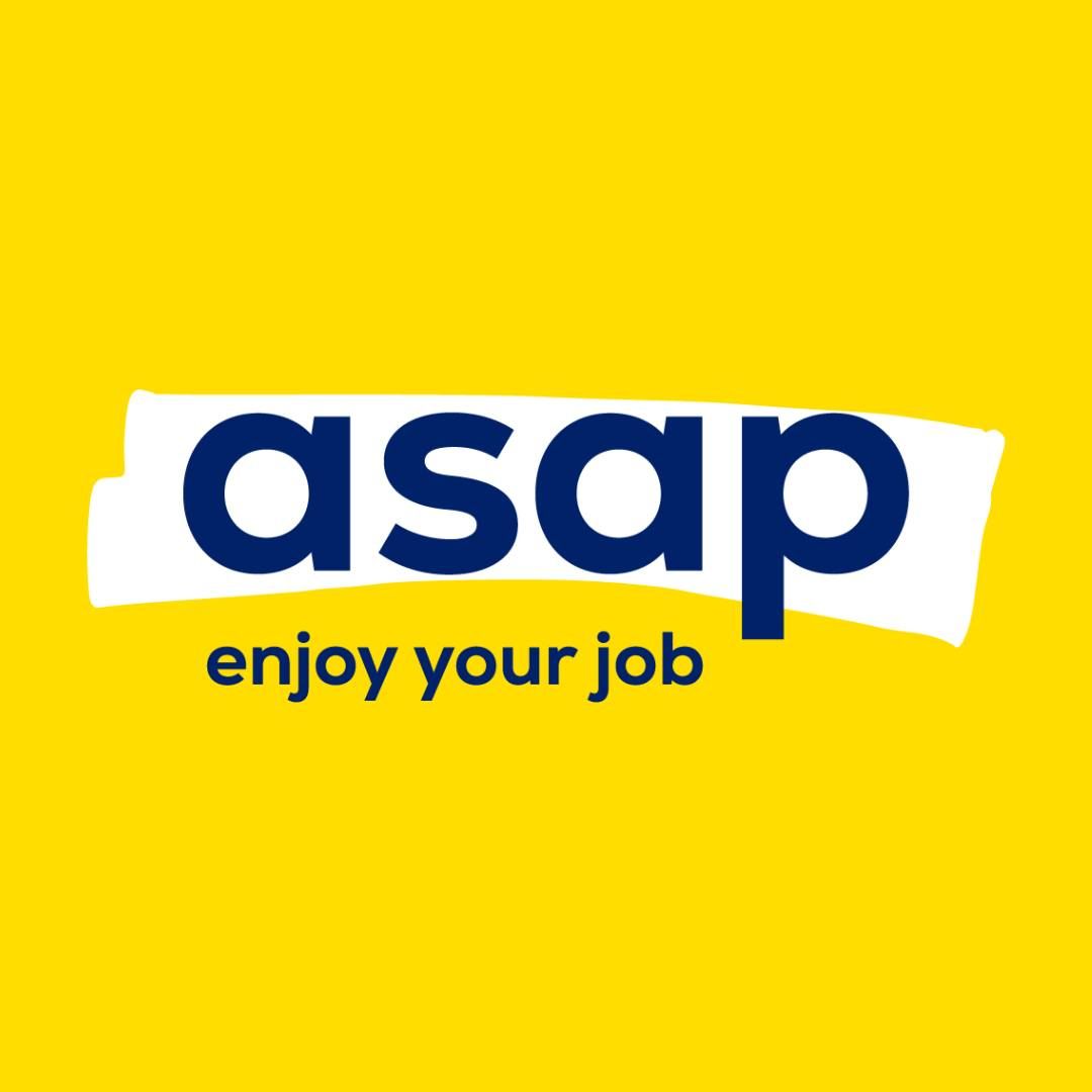 Logo van asap-interim kantoor met gele en blauwe letters. Klant bij Airco VDW.