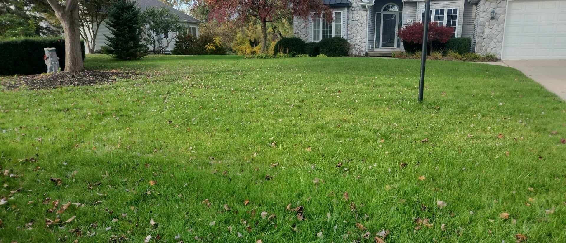 A lush green lawn in front of a house.