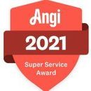 A red shield with the words `` angi 2021 super service award '' written on it.