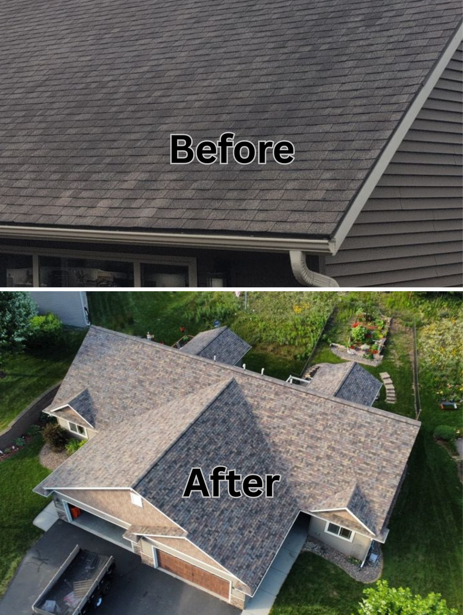 A man is standing on a ladder working on the roof of a house.