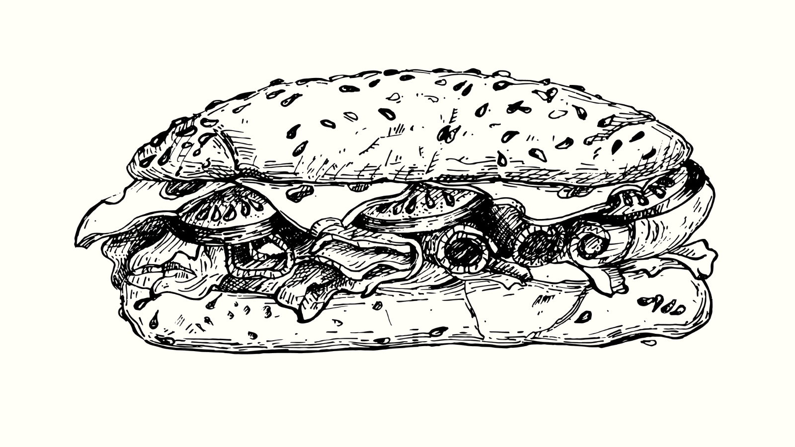 A black and white drawing of a sandwich sub.