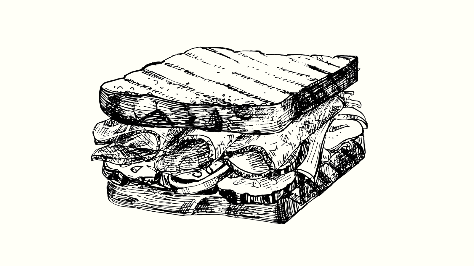 A black and white drawing of a sandwich.