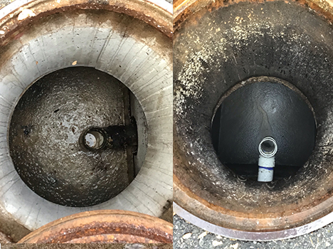 A before and after picture of a manhole cover.