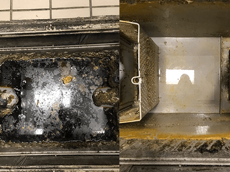 A before and after picture of a dirty sink and a clean sink.