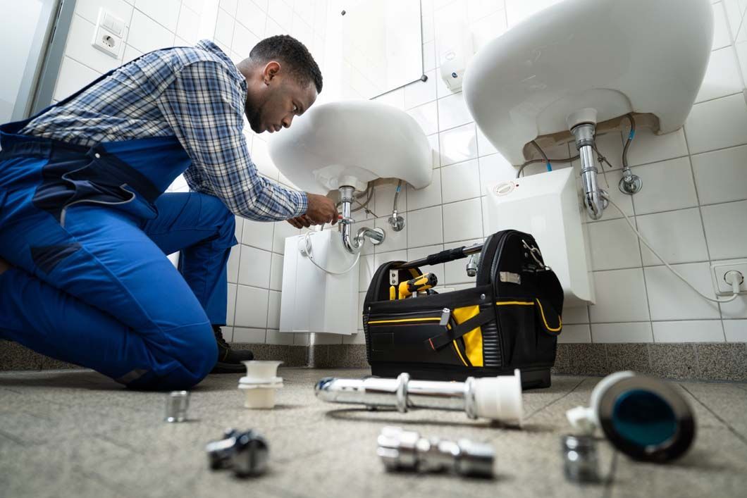 A plumber is fixing a sink in a bathroom.