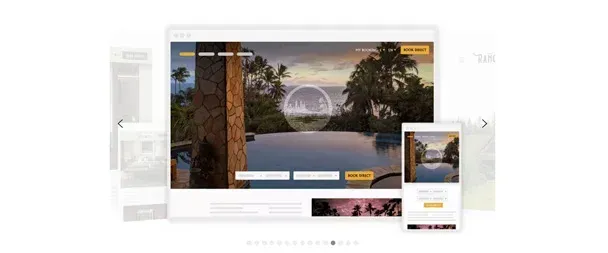 A computer , tablet , and cell phone displaying a website for a hotel.