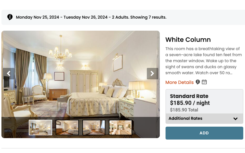 A screenshot of a hotel website showing a bedroom.