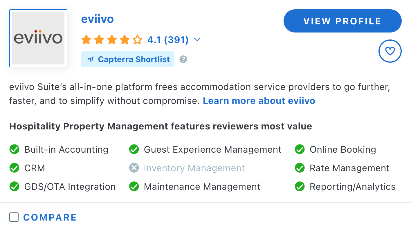 A screenshot of a website that says eviivo on it