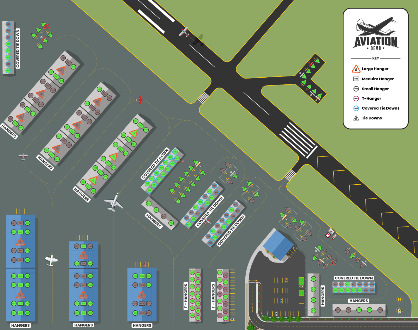 An aerial view of an airport with a sign that says aviation