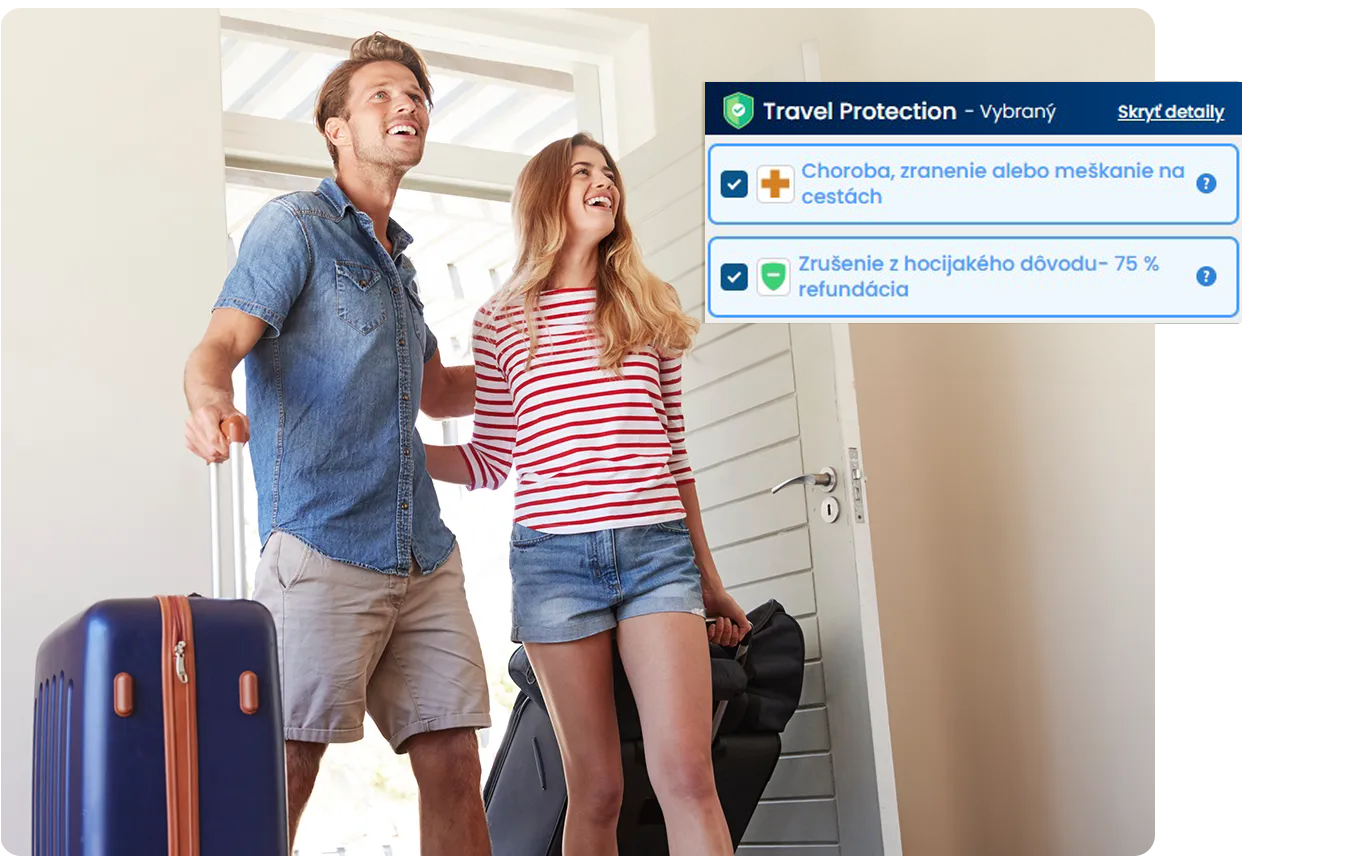 A man and a woman are walking through a doorway with luggage.