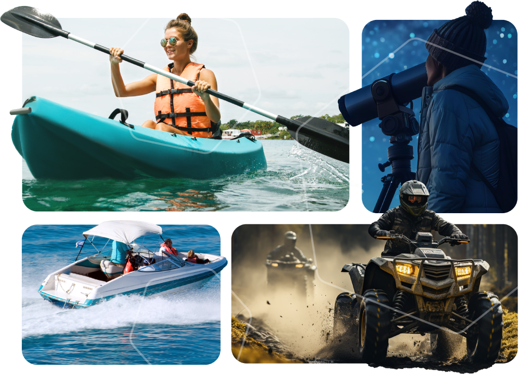 A woman in a kayak , a man in an atv , a boat , and a man in a telescope