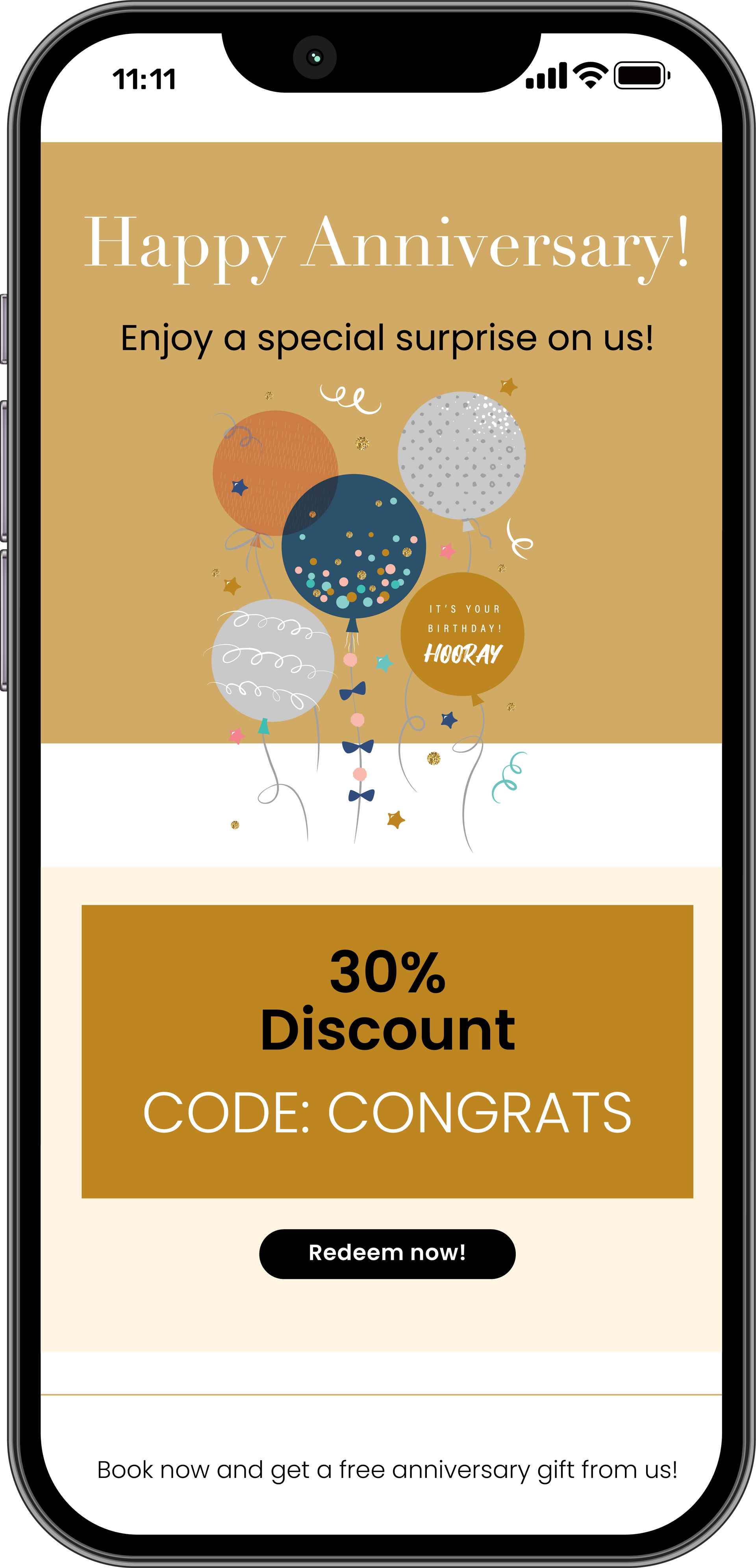 A cell phone with a happy anniversary email on it.