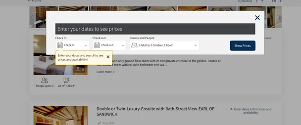 A screenshot of a hotel website with a popup window.