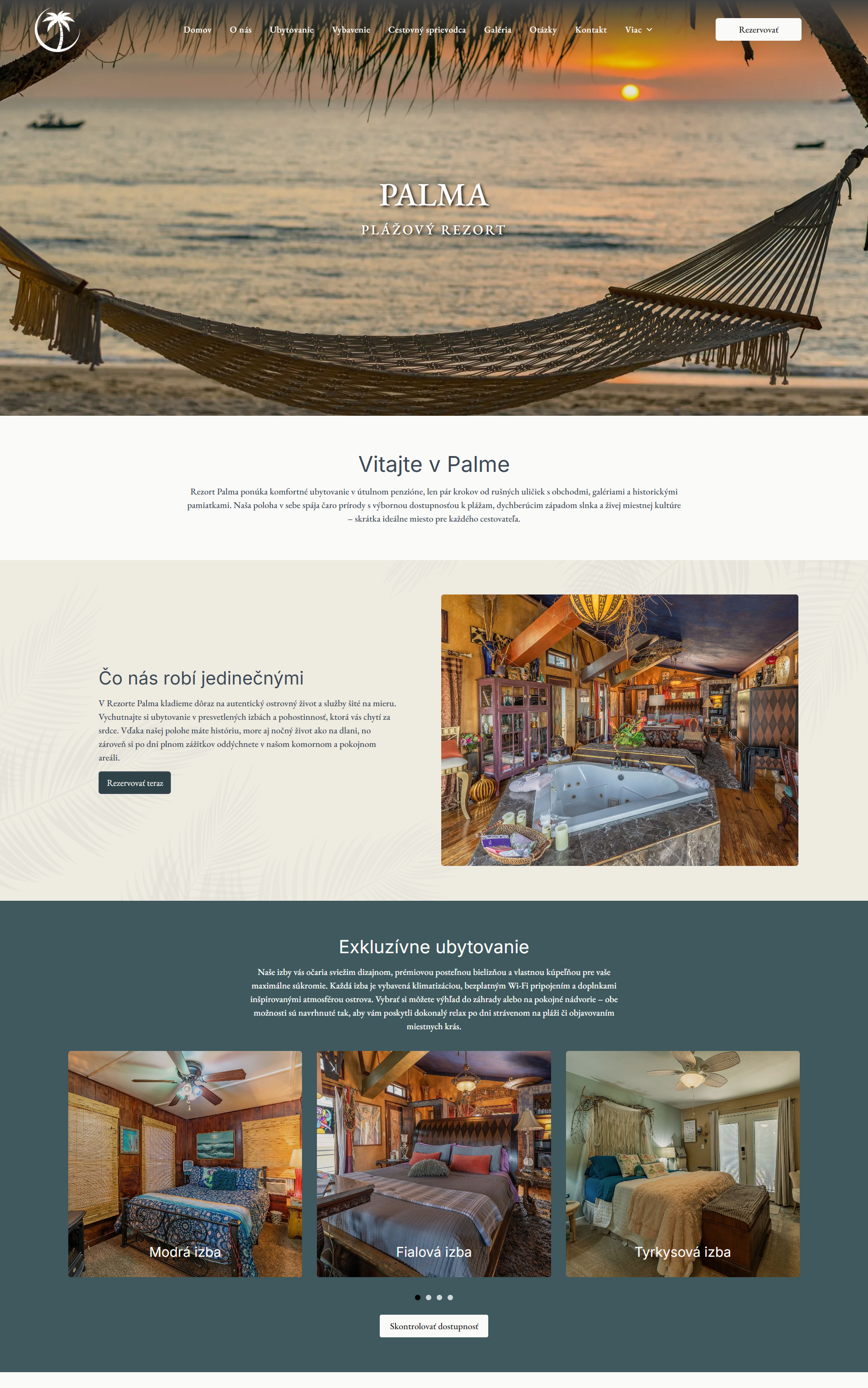 Website homepage with hammock on beach, text: Duval Inn, Welcome text and accommodation images.