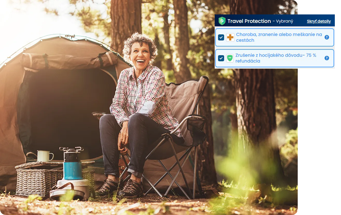 A woman is sitting in a chair in front of a tent in the woods.