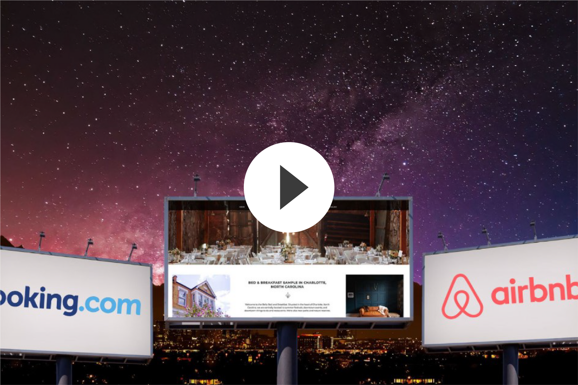 A man is standing in front of a video of a woman pointing at a credit card.