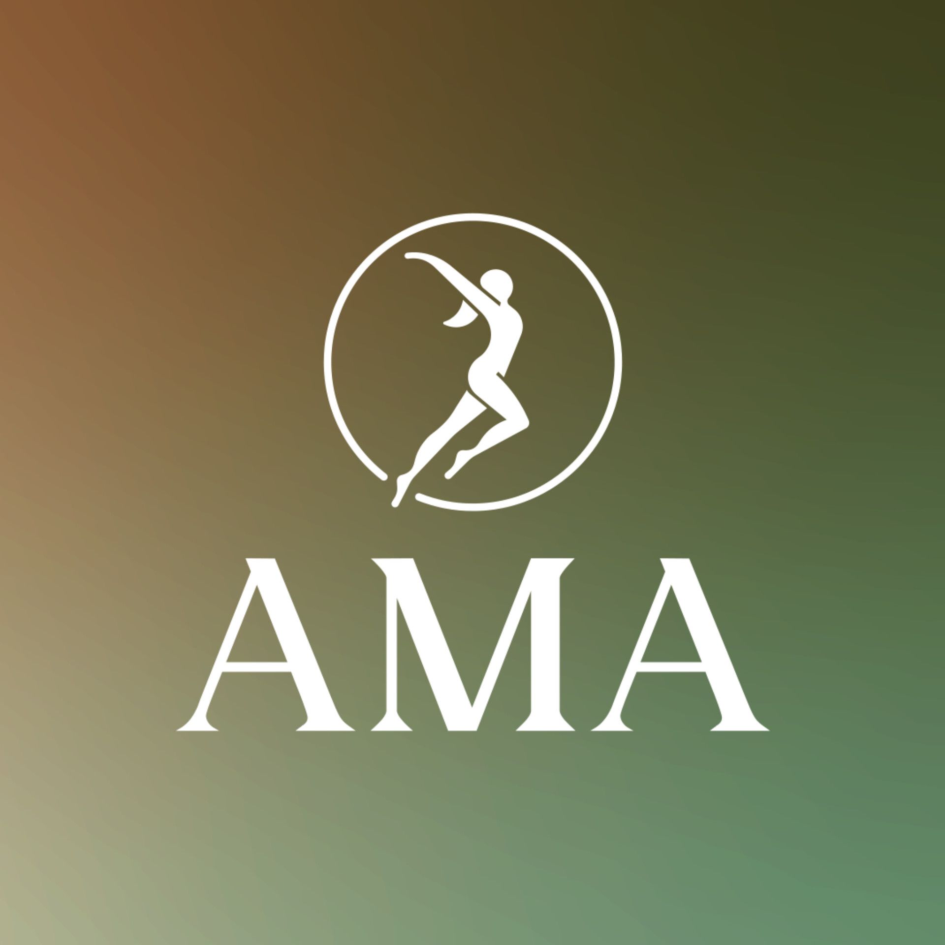 Logotipo blanco de una mujer saltando dentro de un círculo, sobre el texto