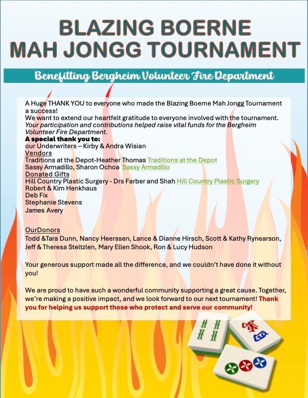 A thank you flyer for the Blazing Boerne Mah Jongg Tournament, listing donors against a background of orange flames.