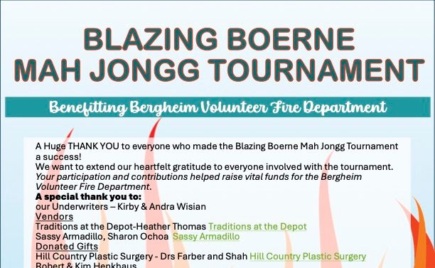 A flyer for the Blazing Boerne Mah Jongg Tournament, listing event supporters and thanking the community.