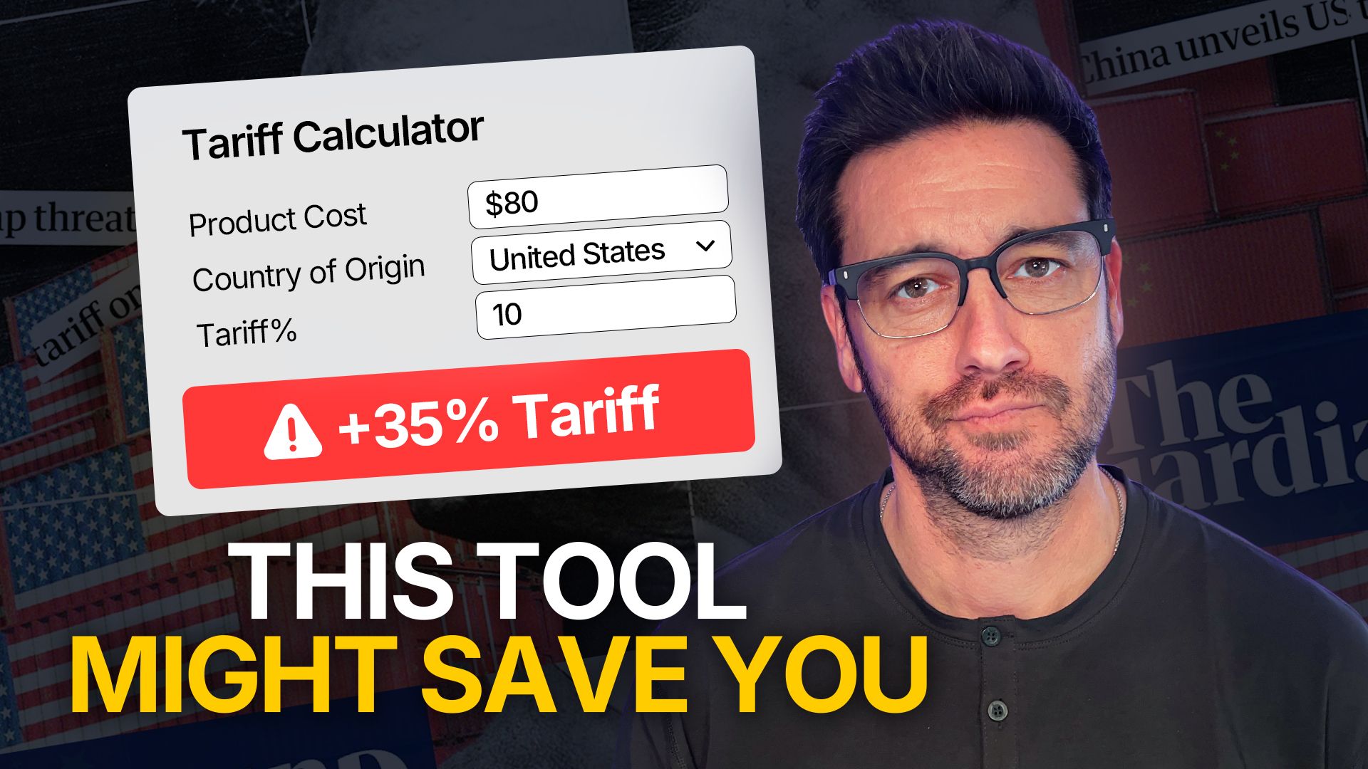 A man wearing glasses is standing in front of a tariff calculator.