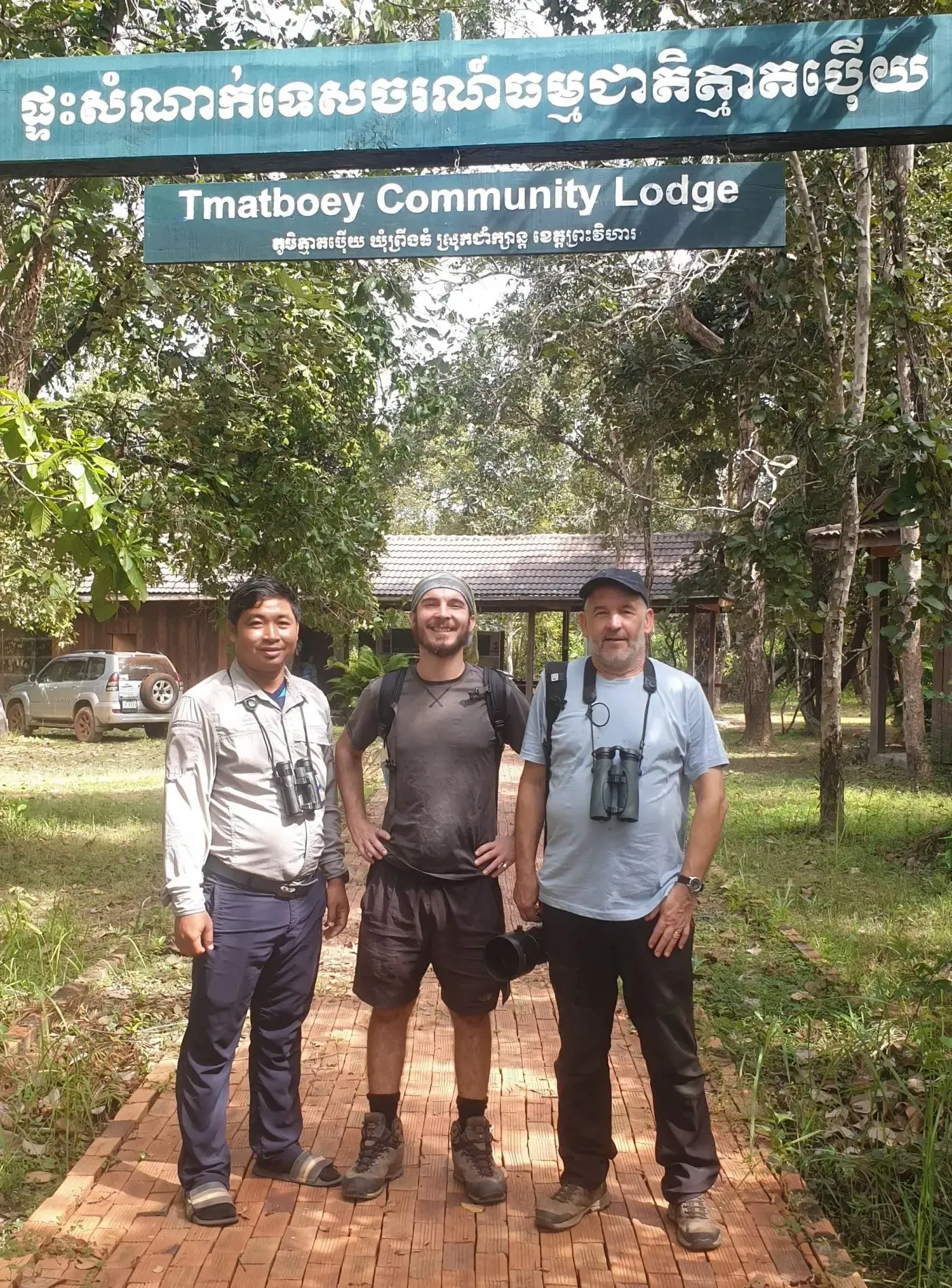 people preparing to go birding at tmat boey lodge at preah vihear