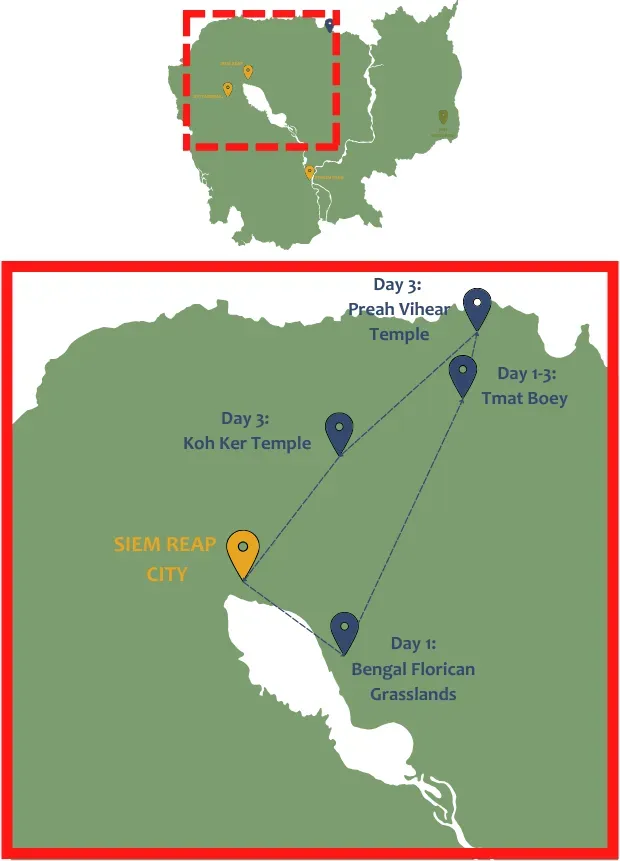 exact locations of birding spots in Siem reap and Prey veng for 2-4 days