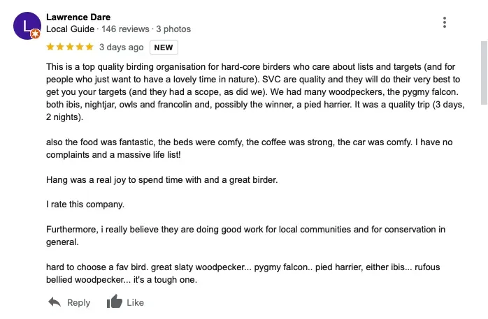 5 stars google review on SVC tours