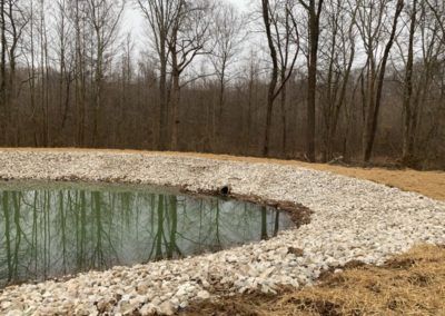 Pond with white rock border surrounded by brown grass and bare trees, overcast sky.