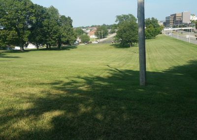 Green grassy field with trees and buildings in the distance, sunny day.
