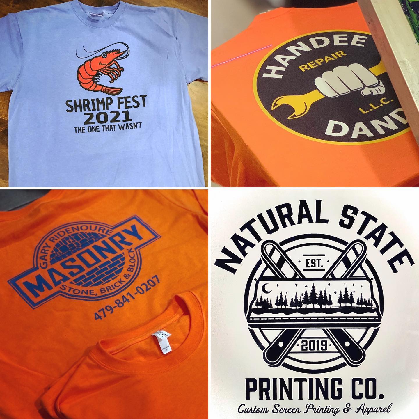 a collage of four t-shirts including one for shrimp fest