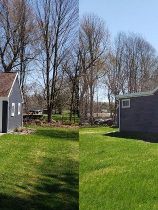 A before and after picture of a shed in a yard.
