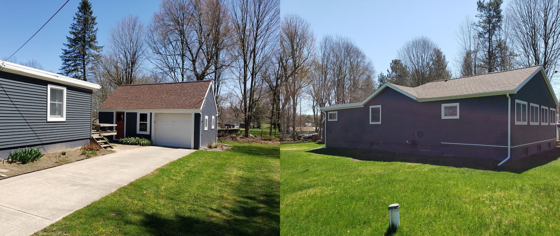 A before and after picture of a house and a garage