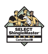The logo for select shinglemaster shows three men standing next to each other.