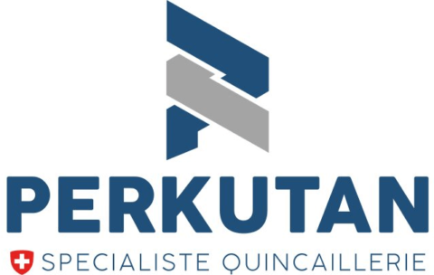 Logo pour PERKUTAN : un motif géométrique bleu et gris au-dessus du texte bleu foncé.