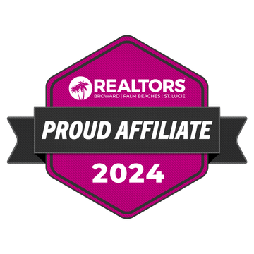 A purple badge with a black ribbon that says `` realtors proud affiliate 2024 ''.