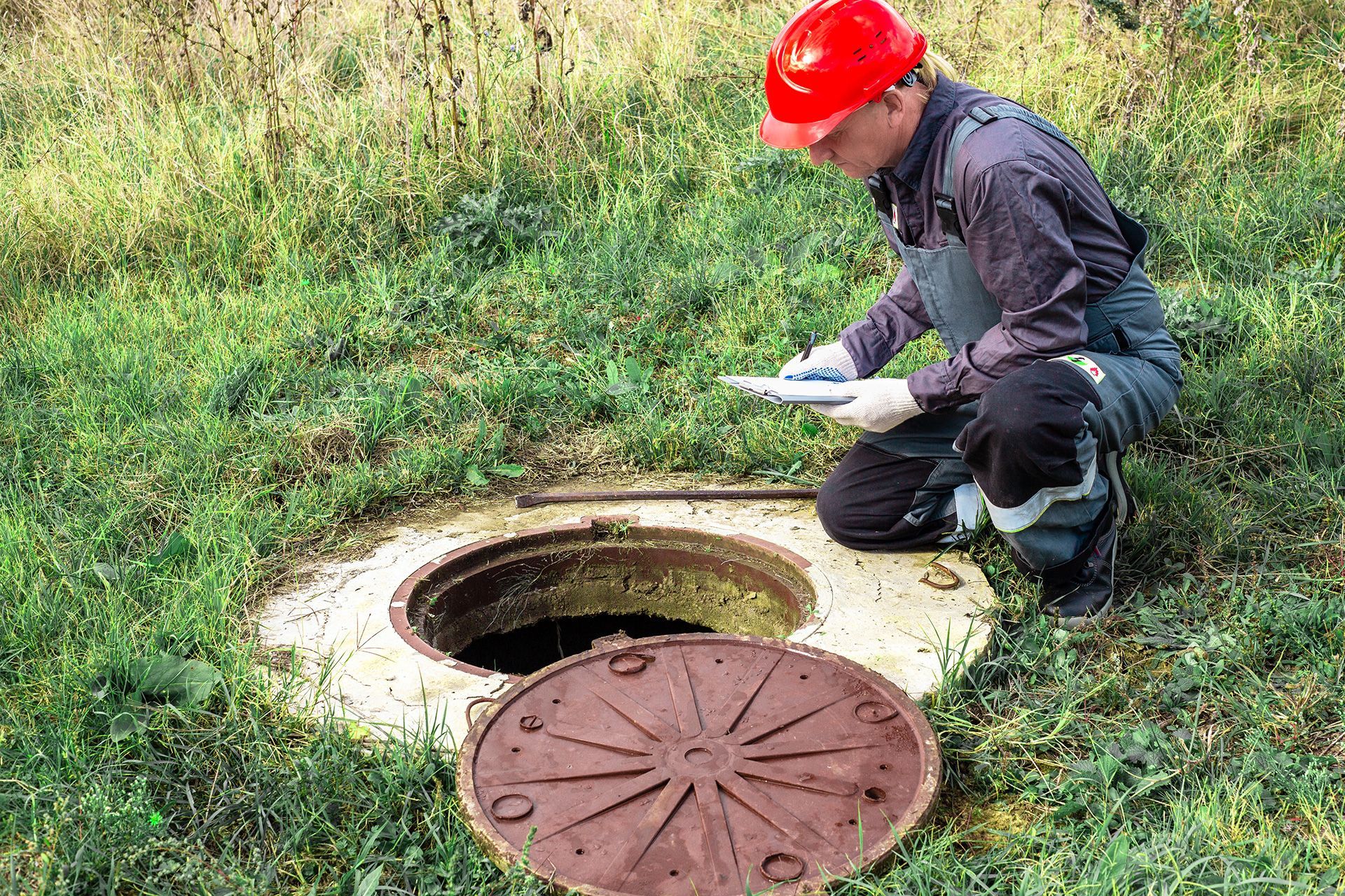 An inspector checking a residential septic system