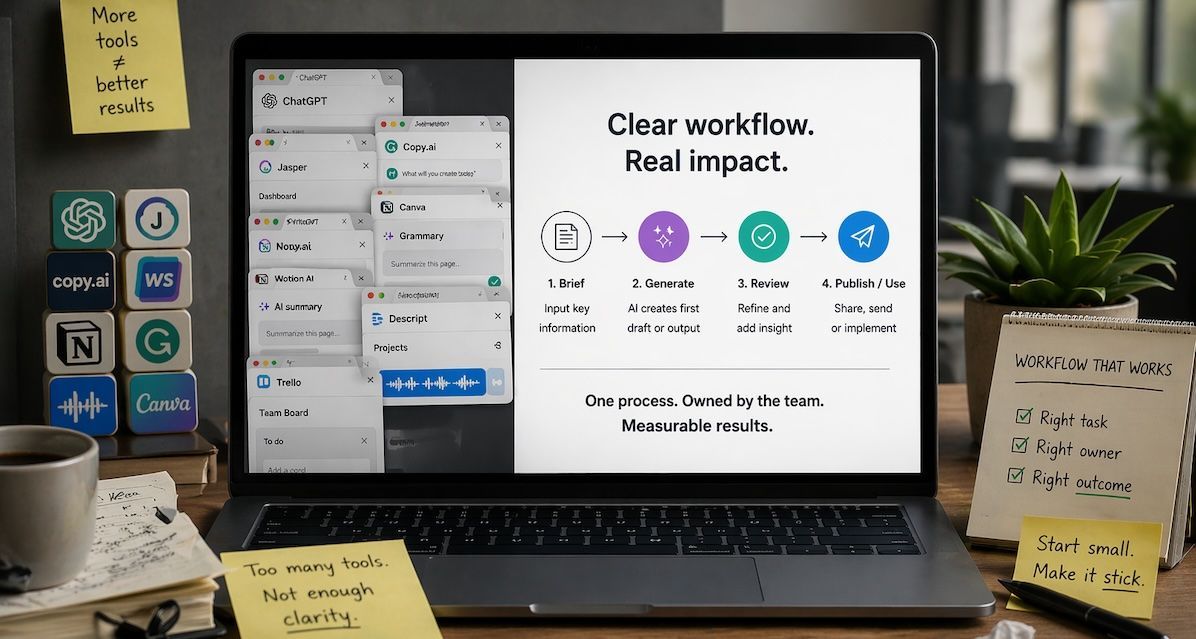 Cluttered tools vs clear AI workflow showing how small businesses get real results