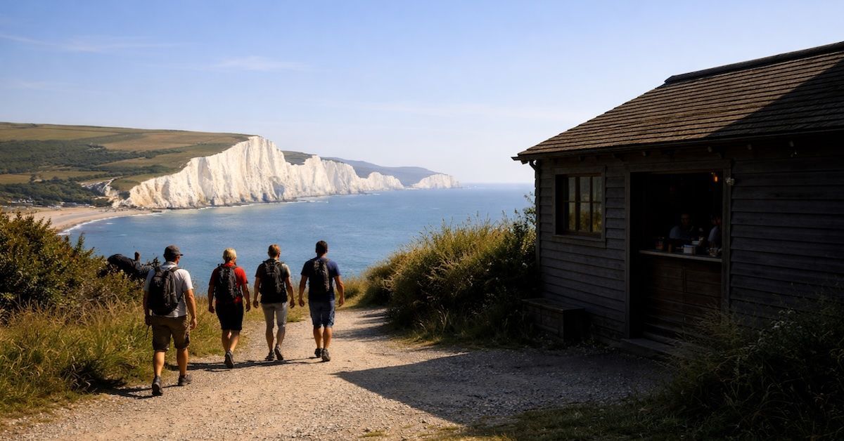 Walkers pass a coastal café in shadow without stopping