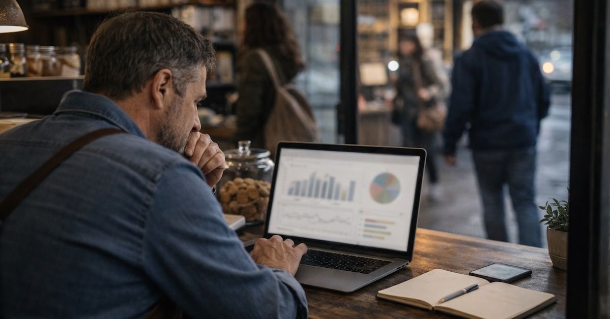 Small business owner reviews laptop data while customers pass by outside without engaging
