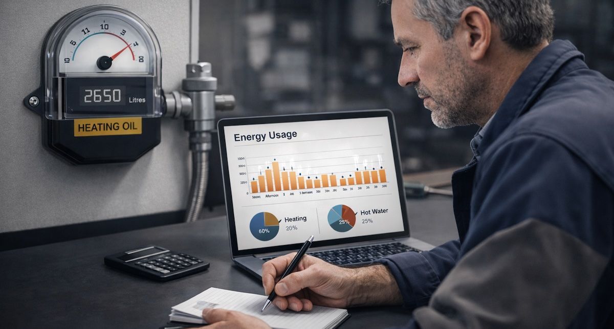 Small business owner reviewing energy data beside a heating oil meter to reduce costs