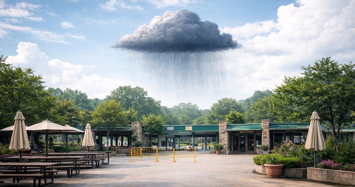 An empty outdoor attraction under a small dark rain cloud while the surrounding sky is bright, illus