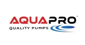 Logotipo de AQUAPRO Quality Pumps en rojo, negro y azul con gráfico de olas.