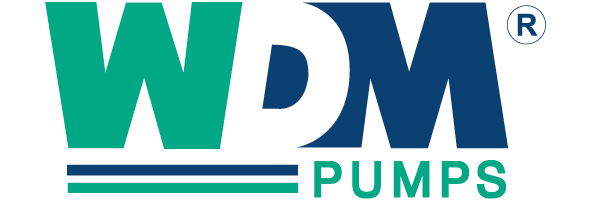 Logotipo de WDM Pumps en color verde azulado, azul y verde con letras estilizadas y subrayados.
