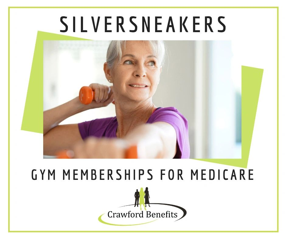 An older woman is lifting dumbbells in a gym advertisement for silversneakers gym memberships for medicare