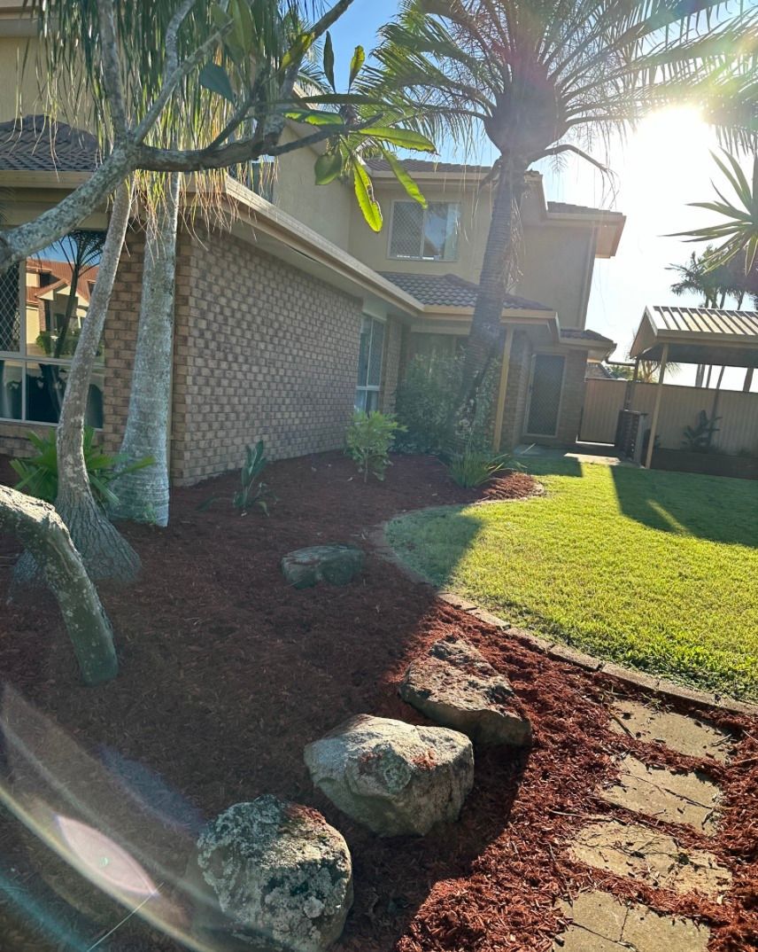 A house with a lot of rocks in front of it and a palm tree.
