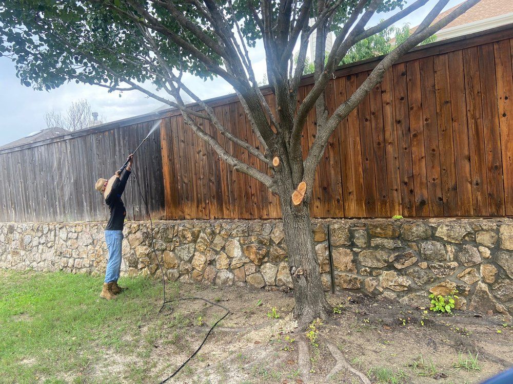 A man is spraying a wooden fence with a hose.